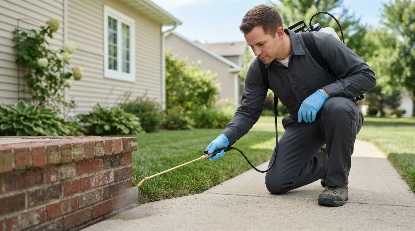 Pest control technician treating a home near La Quinta, CA